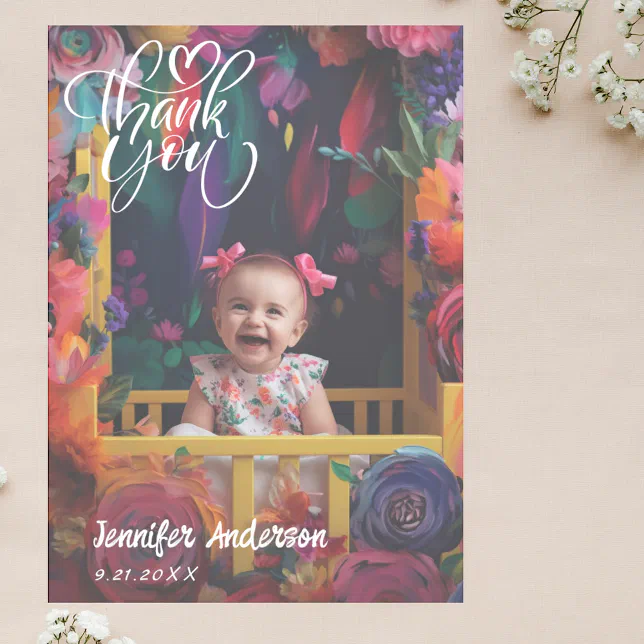 Modern Calligraphy Full Custom Photo Baby Shower Thank You Card | Zazzle