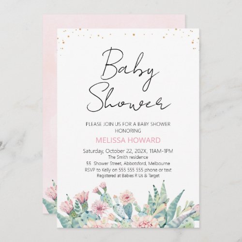 Modern Calligraphy Girls Cactus Baby Shower  Invitation