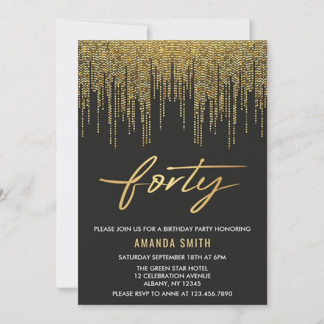 Modern Calligraphy Gold And Black 40th Birthday Invitation (Front)