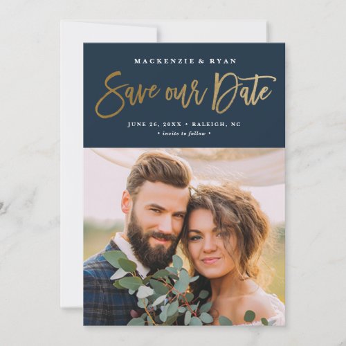 Modern calligraphy Gold and Navy Blue Save The Date