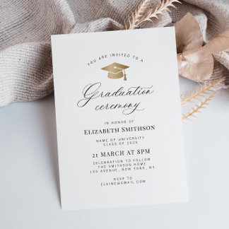 modern calligraphy gold cap graduation ceremony invitation
