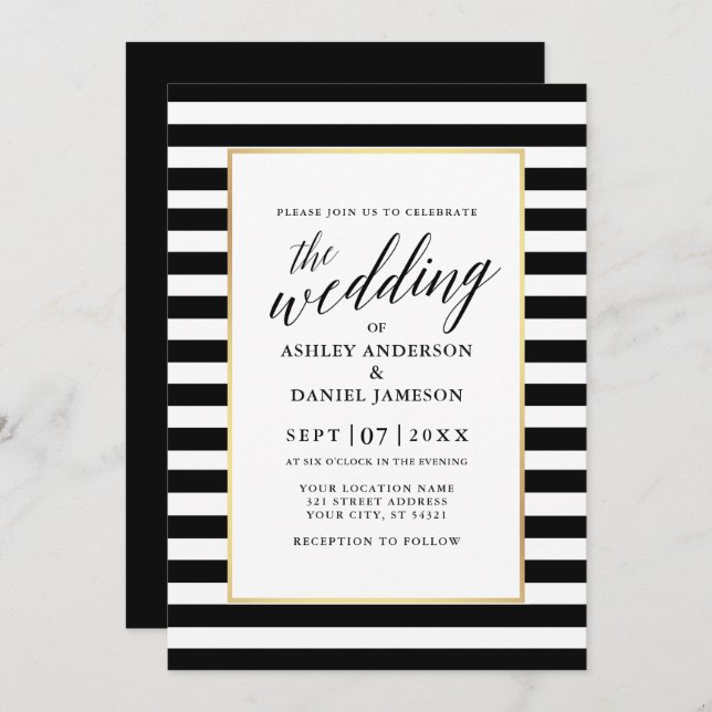 Modern Calligraphy Gold Frame Striped Wedding Invitation (Front/Back)