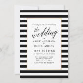 Modern Calligraphy Gold Frame Striped Wedding Invitation (Front)