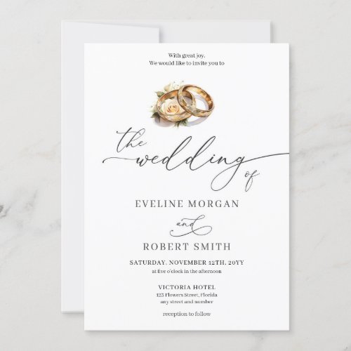 Modern calligraphy gold rings and roses wedding invitation