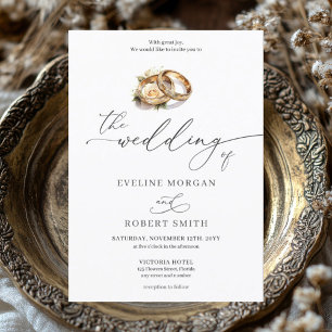 Modern calligraphy gold rings and roses wedding invitation