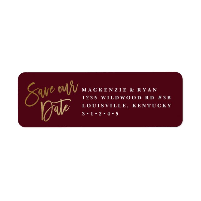 Modern calligraphy gold save the date announcement label (Front)