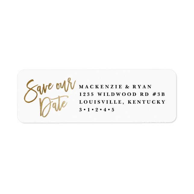 Modern calligraphy gold save the date announcement label (Front)
