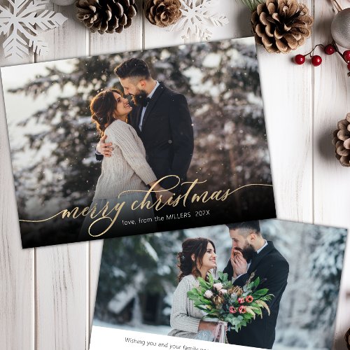 Modern Calligraphy Gold Script 2 Photo Christmas  Holiday Card
