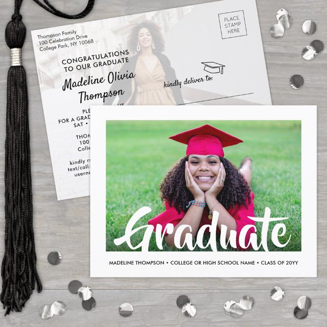 Modern Calligraphy Graduate Photo Graduation Party Invitation Postcard (Creator Uploaded)