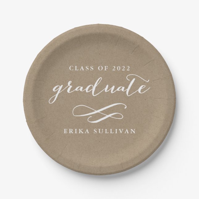 Modern Calligraphy Graduation Kraft Paper Plates (Front)