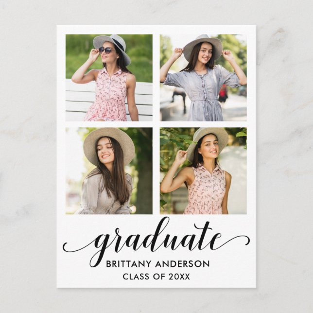 Modern Calligraphy Graduation Party 4 Photo Invitation Postcard (Front)