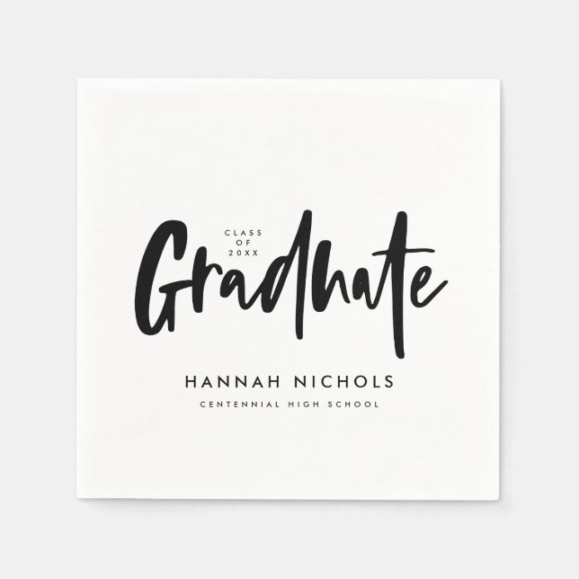Modern Calligraphy Graduation Party Black White Napkins (Front)