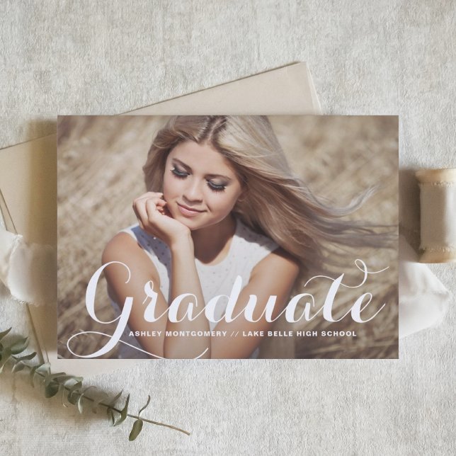 Modern Calligraphy Graduation Party Invitation (Customizable photo graduation invitation featuring whimsical calligraphy. )