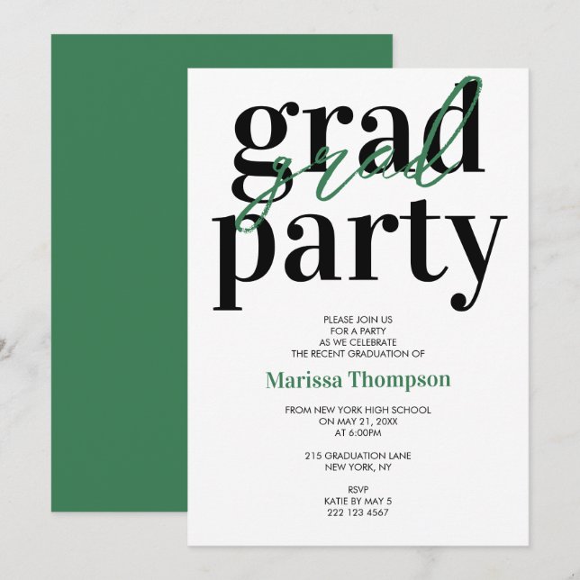 Modern Calligraphy Green Graduation Party  Invitation (Front/Back)