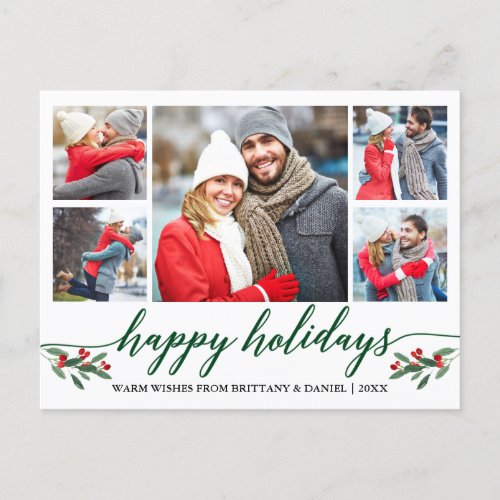 Modern Calligraphy Green Happy Holidays 5 Photo Postcard