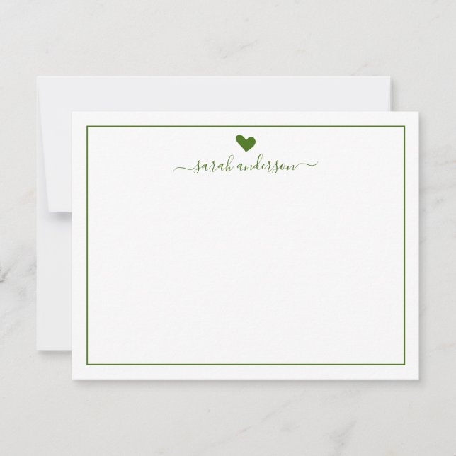 Modern Calligraphy Green Heart Personalized Note Card (Front)