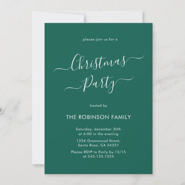 Modern Calligraphy Green Holiday Christmas Party Invitation (Front)