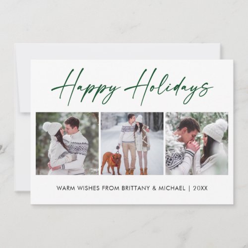 Modern Calligraphy Green Ink 3 Photo Couple Holiday Card