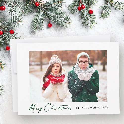 Modern Calligraphy Green Ink Script Couple Photo Holiday Card