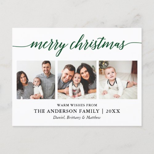 Modern Calligraphy Green Merry Christmas 3 Photo Postcard