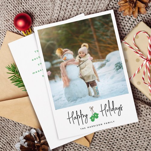 Modern Calligraphy Green Mittens Photo Flat Holiday Card