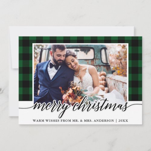 Modern Calligraphy Green Plaid Wedding Photo Holiday Card