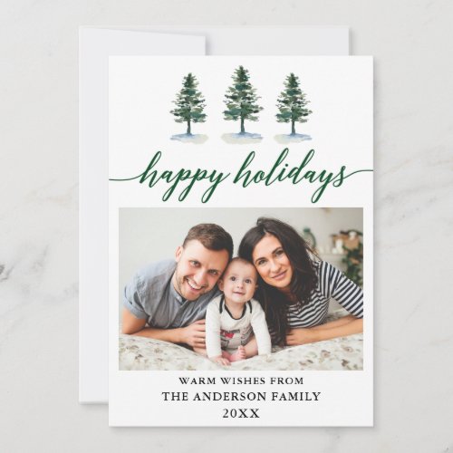 Modern Calligraphy Green Watercolor Pines Photo Holiday Card
