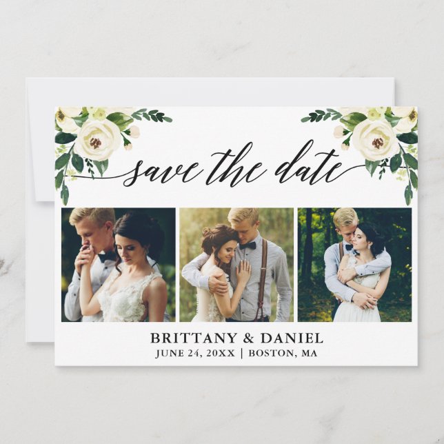 Modern Calligraphy Green White Floral 3 Photo Save The Date (Front)