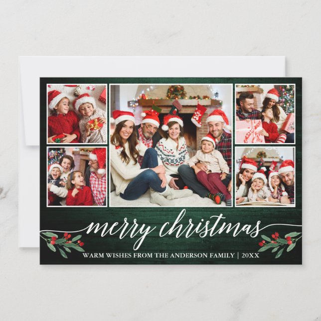 Modern Calligraphy Green Wood 5 Photo Christmas Holiday Card (Front)