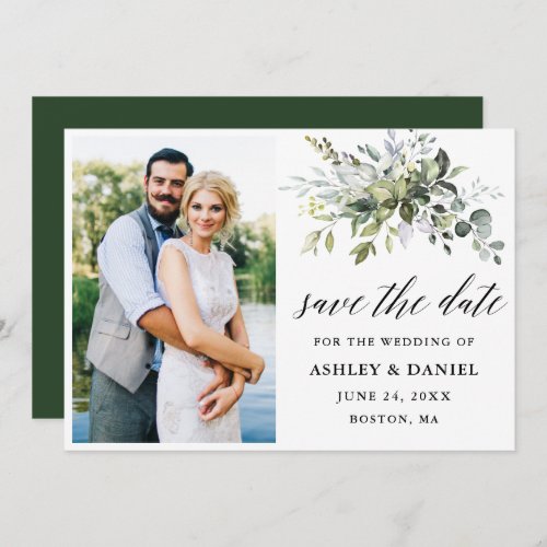 Modern Calligraphy Greenery Couple Photo Save The Date