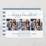 Modern Calligraphy Hanukkah 3 Photo Blue Striped Holiday Card<br><div class="desc">Modern Trendy Calligraphy Script 3 Photo Family Photo Collage Happy Hanukkah Card - Dusty Blue and White Stripes Back</div>