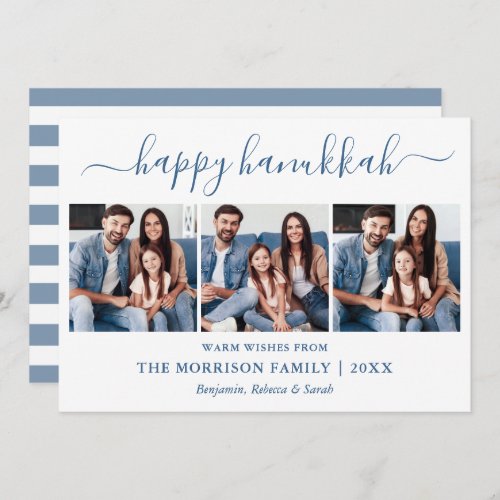 Modern Calligraphy Hanukkah 3 Photo Blue Striped Holiday Card