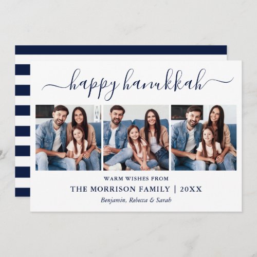 Modern Calligraphy Hanukkah 3 Photo Blue Stripes Holiday Card