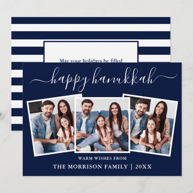 Modern Calligraphy Hanukkah Blue Stripes 3 Photo Holiday Card (Front/Back)
