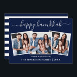 Modern Calligraphy Hanukkah Blue Stripes 3 Photo Holiday Card<br><div class="desc">Modern Trendy Calligraphy Script 3 Photo Family Photo Collage Happy Hanukkah Card - Navy Blue and White Stripes Back</div>