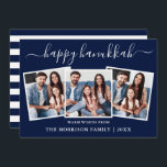 Modern Calligraphy Hanukkah Blue Stripes 3 Photo Holiday Card<br><div class="desc">Modern Trendy Calligraphy Script 3 Photo Family Photo Collage Happy Hanukkah Card - Navy Blue and White Stripes Back</div>