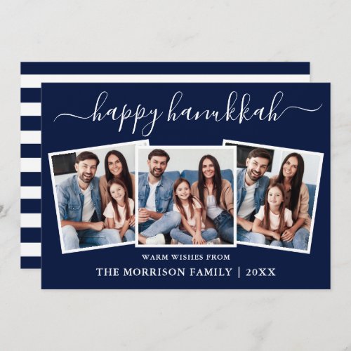 Modern Calligraphy Hanukkah Blue Stripes 3 Photo Holiday Card