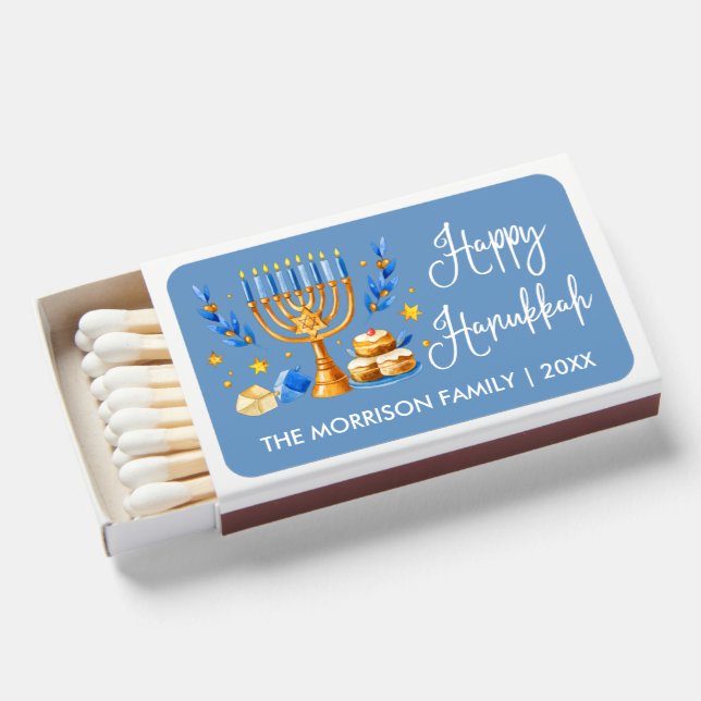 Modern Calligraphy Happy Hanukkah Blue Menorah Matchboxes (Front Open)