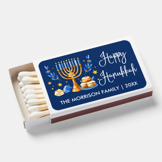 Modern Calligraphy Happy Hanukkah Menorah Blue Matchboxes (Front Open)