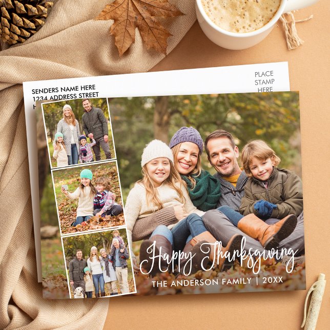 Modern Calligraphy Happy Thanksgiving 4 Photo Postcard (Customize to change your personalized text size or text style.)