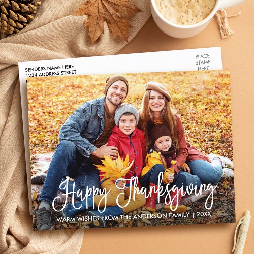 Modern Calligraphy Happy Thanksgiving Family Photo Postcard