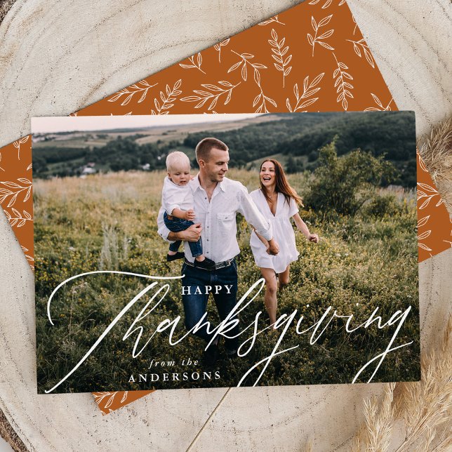 Modern Calligraphy Happy Thanksgiving Photo Holiday Card (Creator Uploaded)