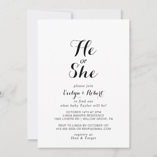Modern Calligraphy He or She Gender Reveal  Invitation (Front)