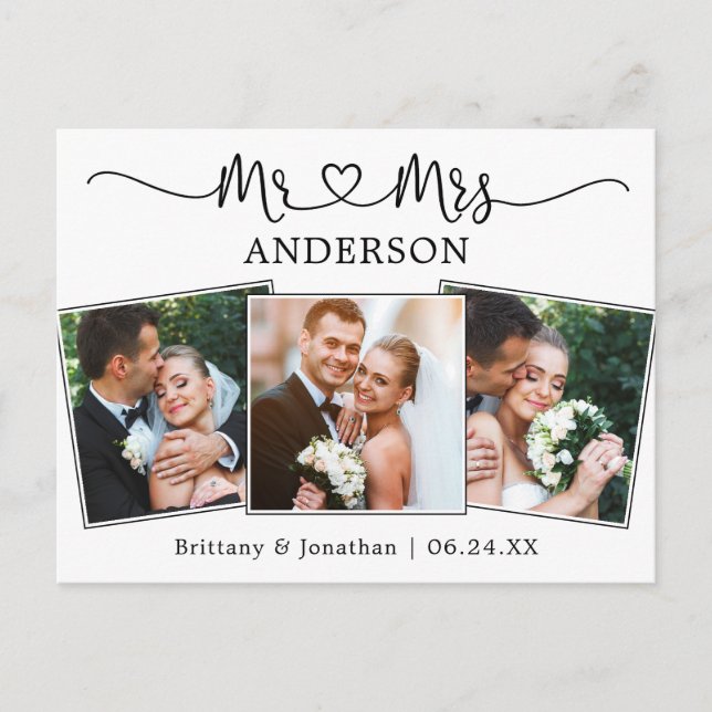 Modern Calligraphy Heart 3 Photo Wedding Thank You Postcard (Front)