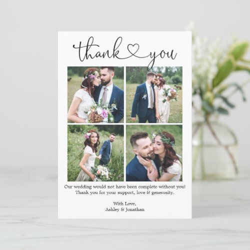Modern Calligraphy Heart 4 Photo Collage Wedding Thank You Card