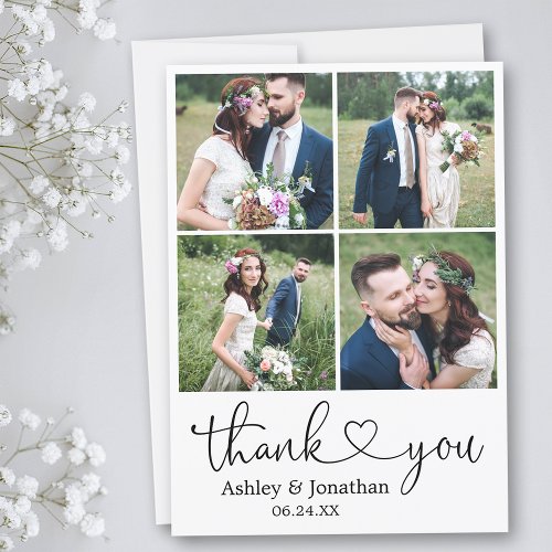 Modern Calligraphy Heart 4 Photo Wedding Thank You Card