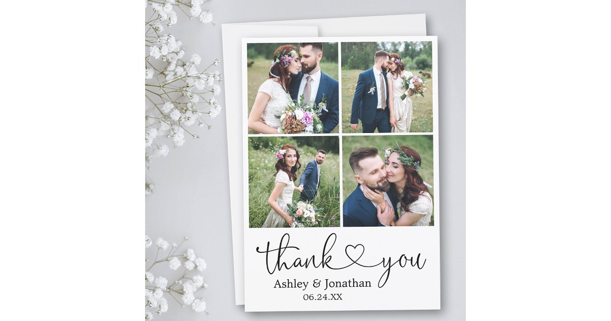 Modern Calligraphy Heart 4 Photo Wedding Thank You Card | Zazzle