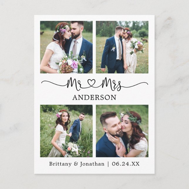 Modern Calligraphy Heart 4 Photo Wedding Thank You Postcard (Front)