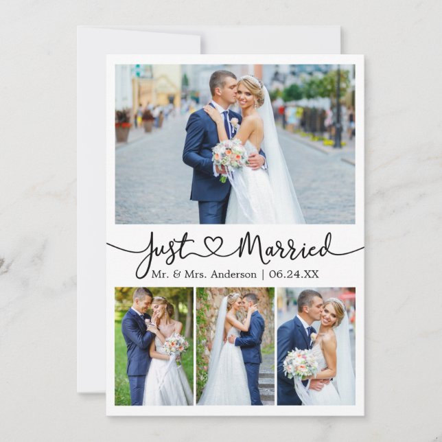 Modern Calligraphy Heart 5 Photo Wedding Announcement (Front)