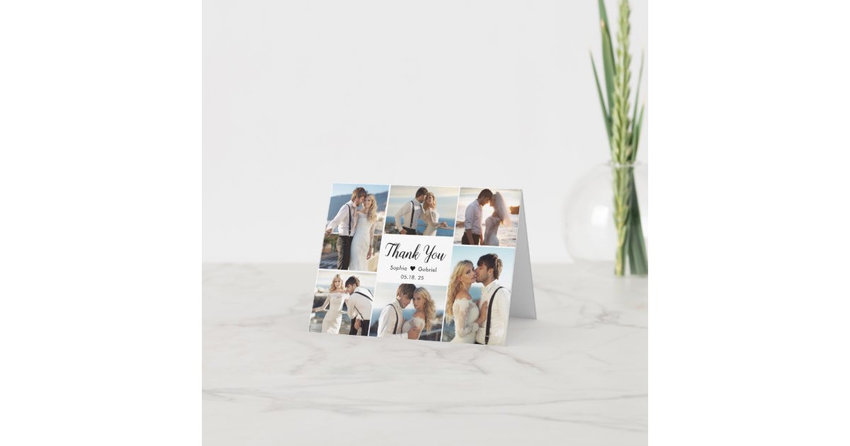 Modern Calligraphy Heart 6 Photo Collage Wedding Thank You Card | Zazzle